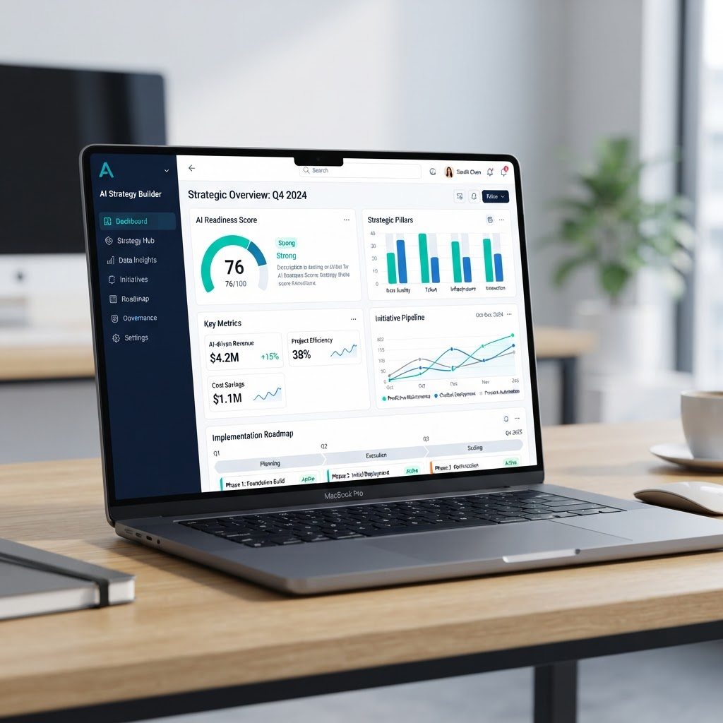 AI Strategy Builder platform dashboard showing AI readiness score, roadmap and analytics